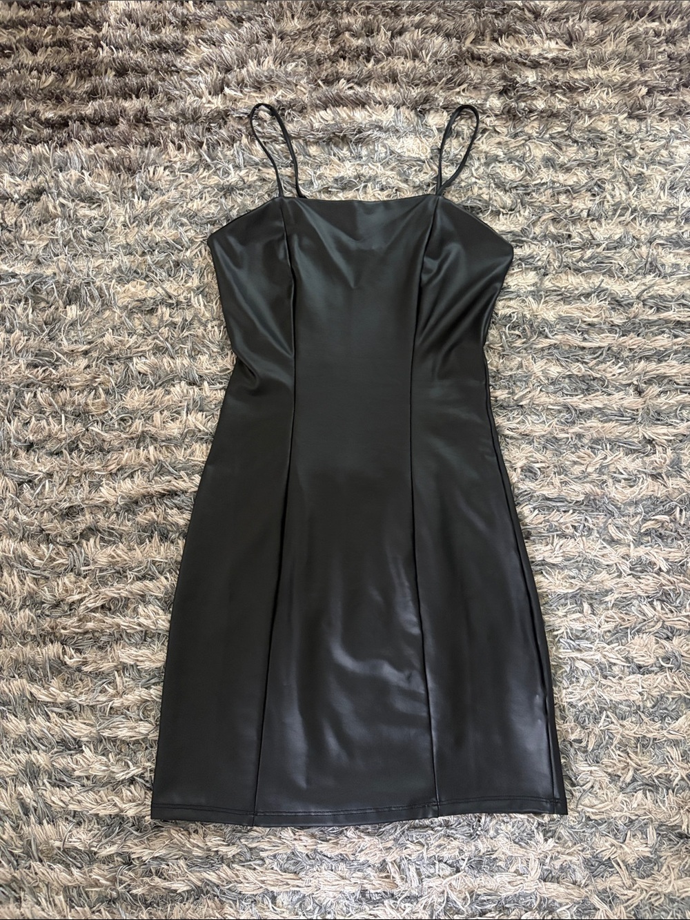 Ultra Flirt Black Faux Leather Stretchy Spaghetti Straps Slip Mini Dress Size S